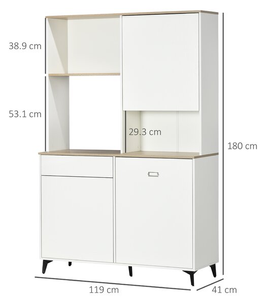HOMCOM Dispensa Cucina in Truciolato e MDF con Ripiani Aperti, Armadietti e Cassetto per Utensili ed Elettrodomestici, 119x41x180 cm, Bianco