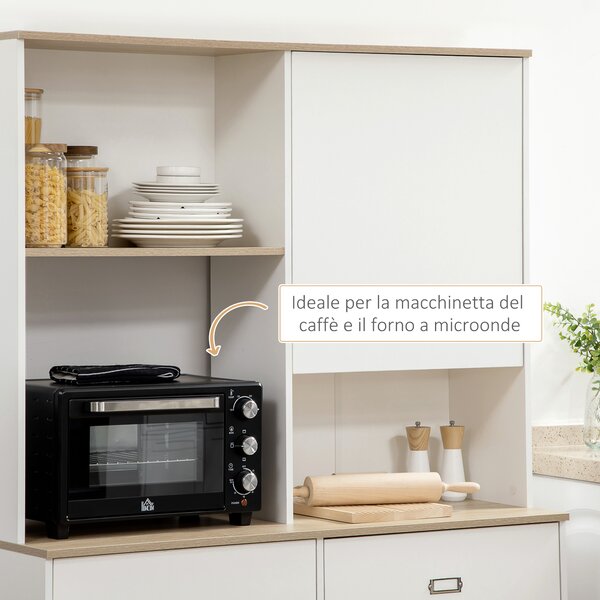 HOMCOM Dispensa Cucina in Truciolato e MDF con Ripiani Aperti, Armadietti e Cassetto per Utensili ed Elettrodomestici, 119x41x180 cm, Bianco