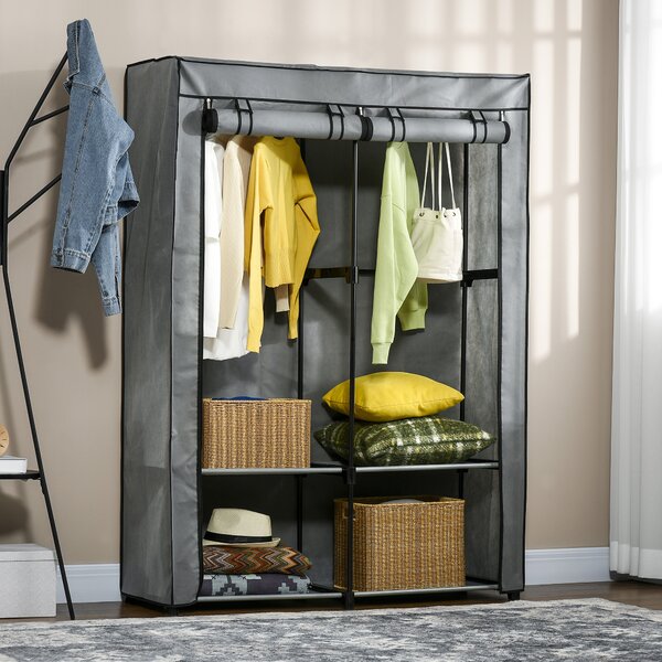 HOMCOM Armadio Guardaroba Portatile in Acciaio, Tessuto non Tessuto e PP, 4 Ripiani Aperti, 2 Appendini, Porta a Cerniera, 118x49x170cm Grigio | Aosom