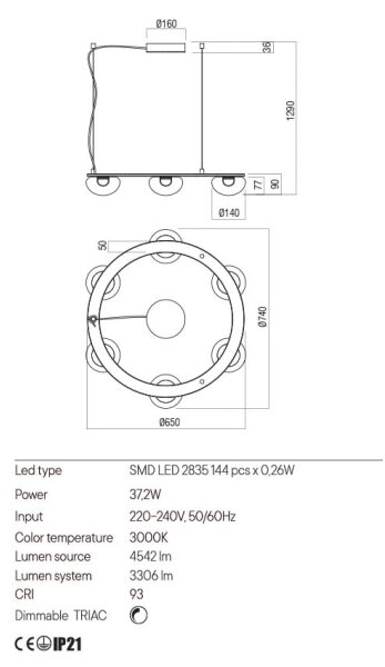 Redo 01-3247- Lampadario a sospensione con filo LED dimmerabile SINCLAIR LED/37,2W/230V CRI 93 IP21