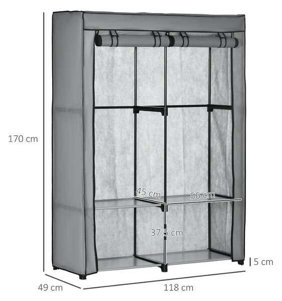 HOMCOM Armadio Guardaroba Portatile in Acciaio, Tessuto non Tessuto e PP, 4 Ripiani Aperti, 2 Appendini, Porta a Cerniera, 118x49x170cm Grigio | Aosom