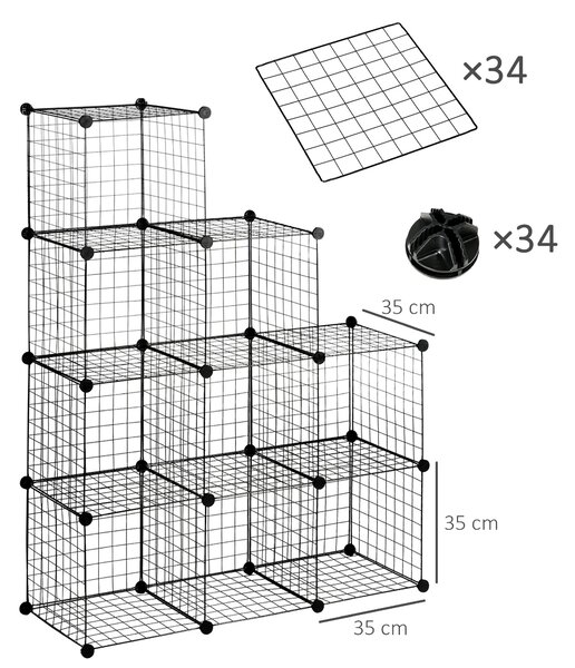 HOMCOM Mobile Libreria Salvaspazio per Giocattoli, Vestiti, Libri e Soprammobili, 9 Cubi in Rete con Pannelli in Acciaio e PP, 35x35x35 cm, Nero|Aosom