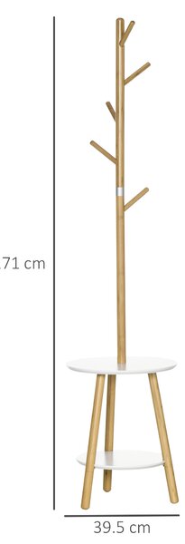 HOMCOM Appendiabiti da Terra per Ingresso in MDF e Alluminio con 5 Ganci in Bambù e Tavolino Rotondo, 39.5x39.5x171 cm, color Legno e Bianco | Aosom