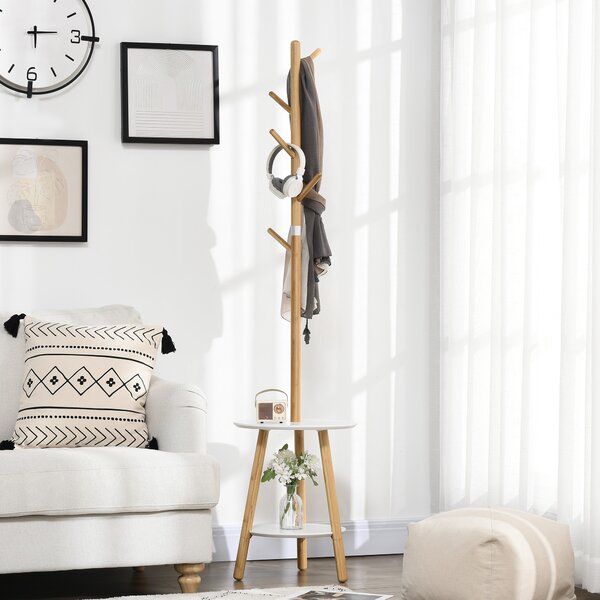 HOMCOM Appendiabiti da Terra per Ingresso in MDF e Alluminio con 5 Ganci in Bambù e Tavolino Rotondo, 39.5x39.5x171 cm, color Legno e Bianco | Aosom