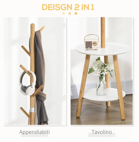 HOMCOM Appendiabiti da Terra per Ingresso in MDF e Alluminio con 5 Ganci in Bambù e Tavolino Rotondo, 39.5x39.5x171 cm, color Legno e Bianco | Aosom