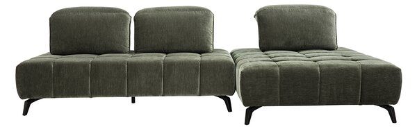 Divano modulabile 4 posti con poggiatesta regolabili in tessuto effetto velluto verde kaki e metallo nero OLMO