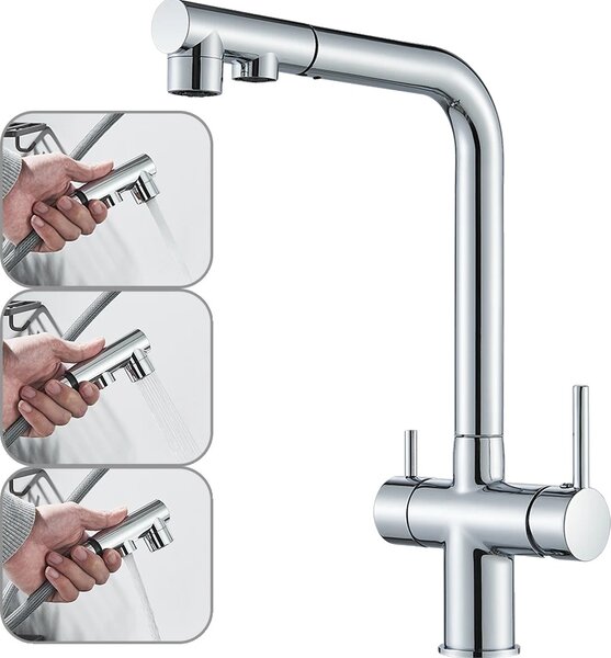Rubinetto da cucina filtrato, doppia maniglia, ugello estraibile, cromo