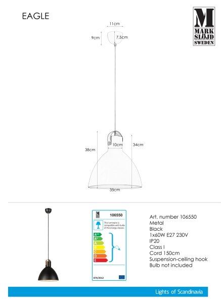 Markslöjd 106550 - Lampadario a sospensione con filo EAGLE 1xE27/60W/230V