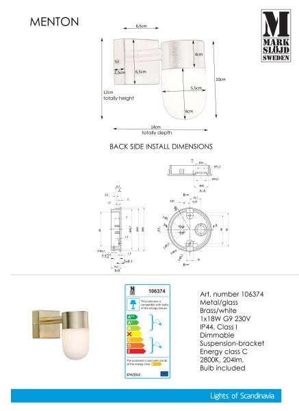 Markslöjd 106374 - Applique da bagno MENTON 1xG9/18W230V IP44