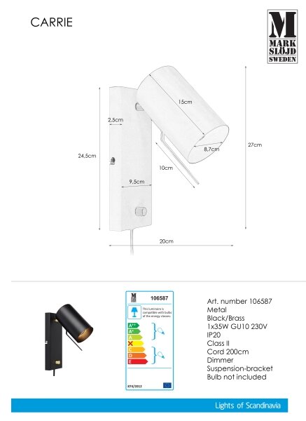 Markslöjd 106587 - Applique dimmerabile CARRIE 1xGU10/35W/230V nero