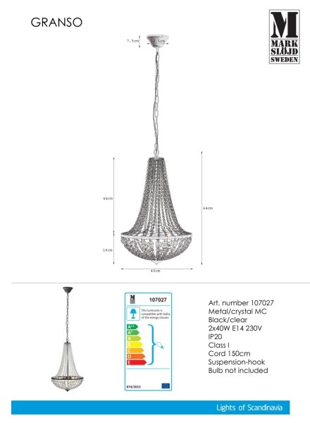 Markslöjd 107027 - Lampadario di cristallo su catena GRÄNSÖ 2xE14/40W/230V