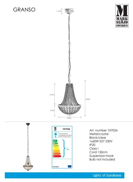 Markslöjd 107026 - Lampadario di cristallo su catena GRÄNSÖ 1xE27/60W/230V