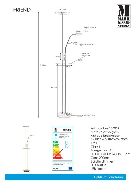 Markslöjd 107009 - Lampada da terra LED dimmerabile FRIEND LED/18W/230V + LED/5W