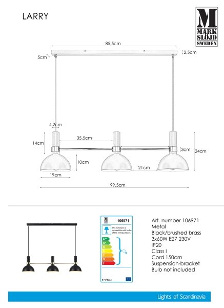 Markslöjd 106971 - Lampadario a sospensione con filo LARRY 3xE27/60W/230V nero/oro