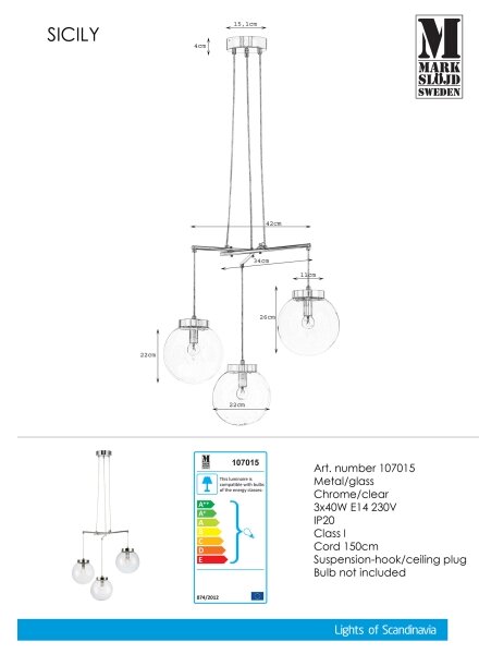 Markslöjd 107015 - Lampadario a sospensione con filo SICILY 3xE14/40W/230V