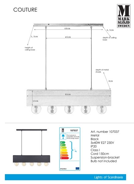 Markslöjd 107037 - Lampadario a sospensione con filo COUTURE 5xE27/40W/230V nero