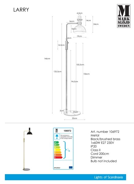 Markslöjd 106972 - Lampada da terra dimmerabile LARRY 1xE27/60W/230V nero/oro