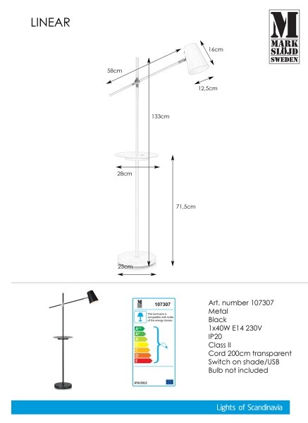 Markslöjd 107307 - Lampada da terra con USB LINEAR 1xE14/40W/230V