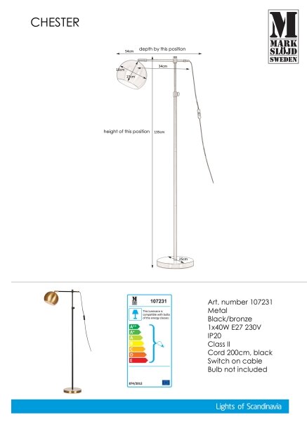Markslöjd 107231 - Lampada da terra CHESTER 1xE27/40W/230V nero/bronzo