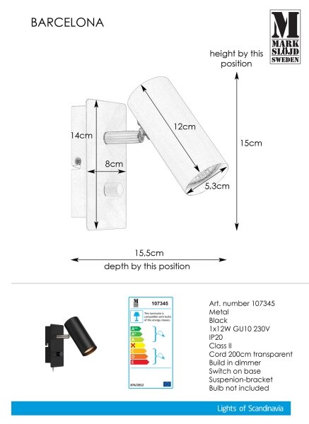 Markslöjd 107345 - Luce Spot da parete dimmerabile BARCELONA 1xGU10/12W/230