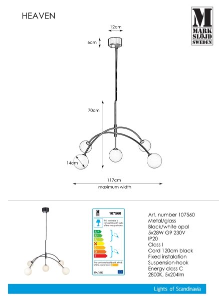 Markslöjd 107560 - Lampadario a sospensione con filo HEAVEN 5xG9/28W/230V