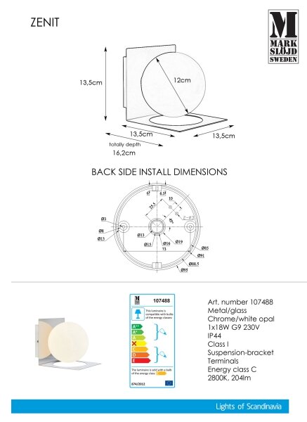 Markslöjd 107488 - Applique da bagno ZENIT 1xG9/18W/230V IP44