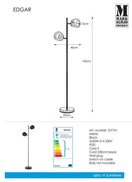 Markslöjd 107741 - Lampada da terra EDGAR 2xE14/40W/230V