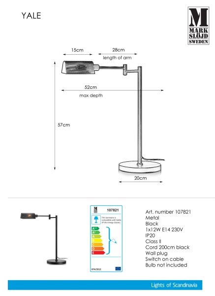 Markslöjd 107821 - Lampada da tavolo YALE 1xE14/12W/230V