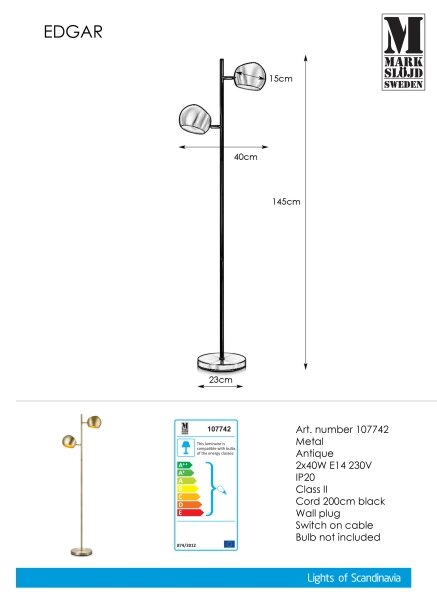 Markslöjd 107742 - Lampada da terra EDGAR 2xE14/40W/230V
