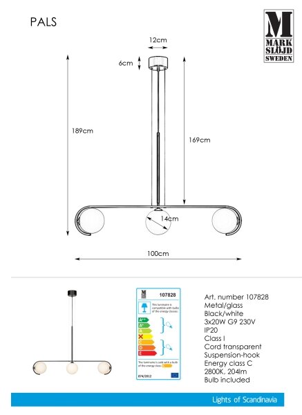 Markslöjd 107828 - Lampadario a sospensione con filo PALS 3xG9/20W/230V