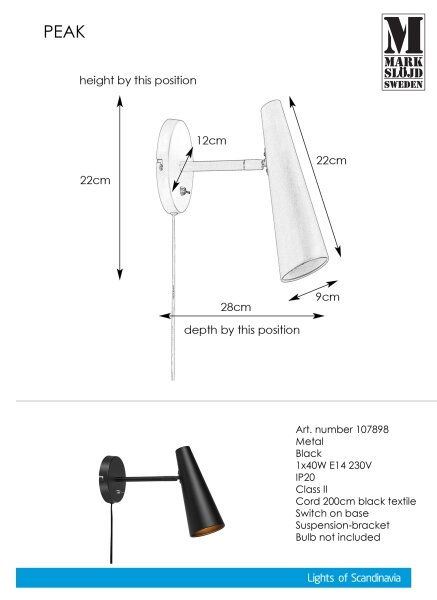 Markslöjd 107898 - Applique PEAK 1xE14/40W/230V