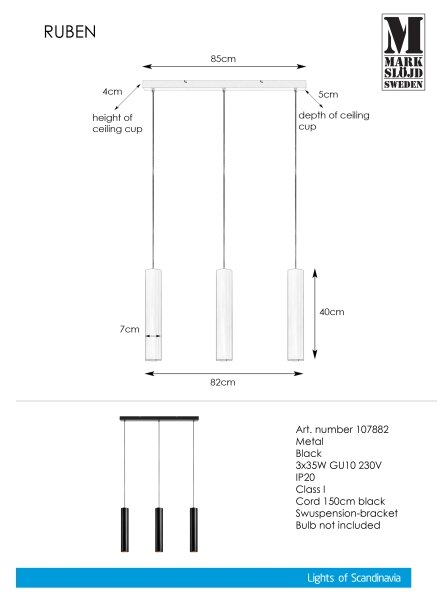 Markslöjd 107882 - Lampadario a sospensione con filo RUBEN 3xGU10/35W/230V