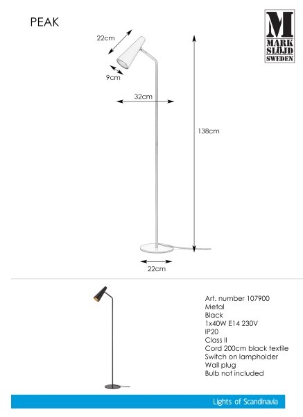 Markslöjd 107900 - Lampada da terra PEAK 1xE14/40W/230V
