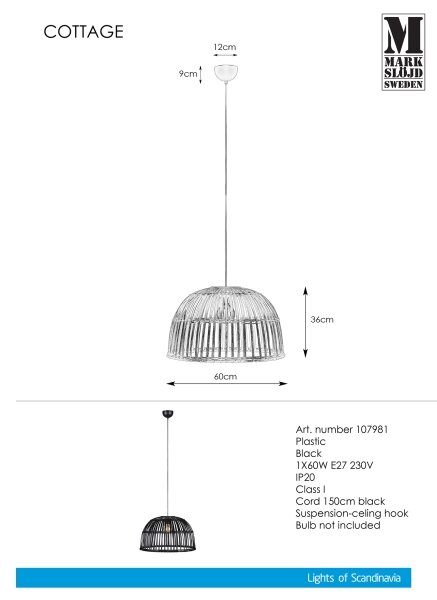 Markslöjd 107981 - Lampadario a sospensione con filo COTTAGE 1xE27/60W/230V