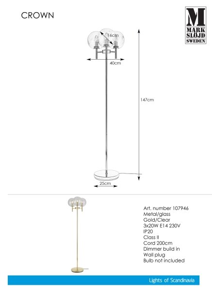 Markslöjd 107946 - Lampada da terra CROWN 3xE14/20W/230V