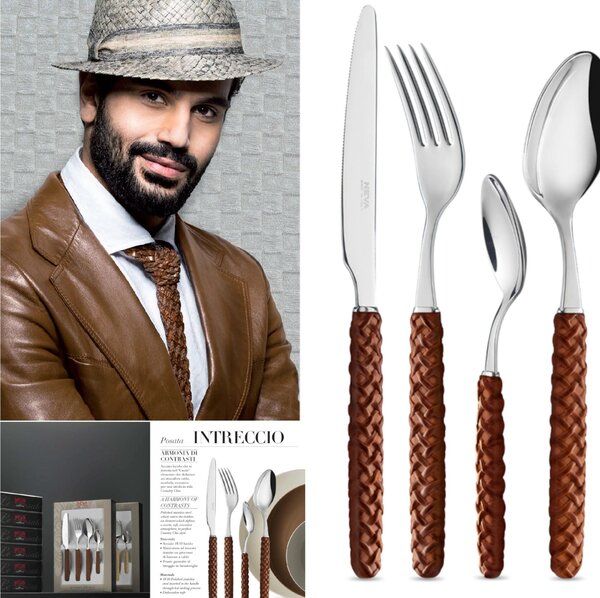 Servizio Posate set 24 pezzi 6 posti tavola Intreccio Cuoio Acciaio e Cuoio Country Vintage 18/10 in confezione regalo lavabili in lavastoviglie