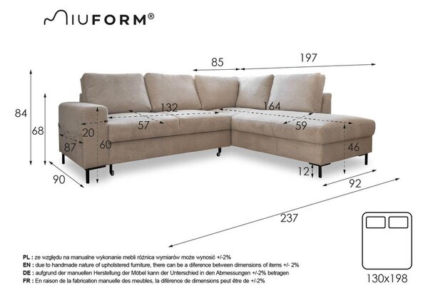 Divano letto angolare in velluto a coste beige (angolo destro) Lofty Lilly - Miuform