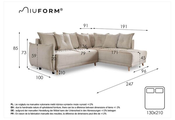Divano letto angolare in velluto a coste beige (angolo destro) Lazy Lukka - Miuform