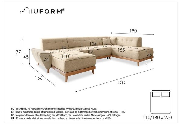 Divano letto a U grigio chiaro, angolo destro Dazzling Daisy - Miuform