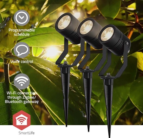 Nedis ZBLOS10RGBW3-SADA Set di 3 lampade LED RGBW dimmerabili per esterni, 3W/230V, IP65, Wi-Fi compatibile con Tuya