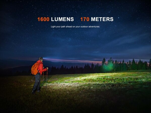 Fenix HM60RV20 - Lampada frontale a LED ricaricabile dimmerabile, ricarica USB, 4000 mAh, IP68, 1600 lm, autonomia fino a 292 h, arancione