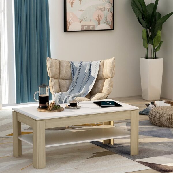 Tavolino Bianco e Rovere Sonoma 110x60x47 cm Legno Multistrato