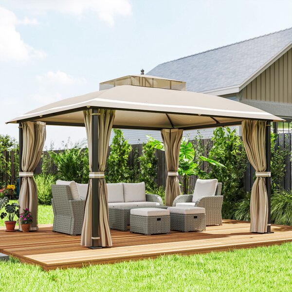 Outsunny Gazebo da Giardino 3.7 x 3 m con Zanzariera, Tende Laterali e Doppio Tetto, Beige|Aosom