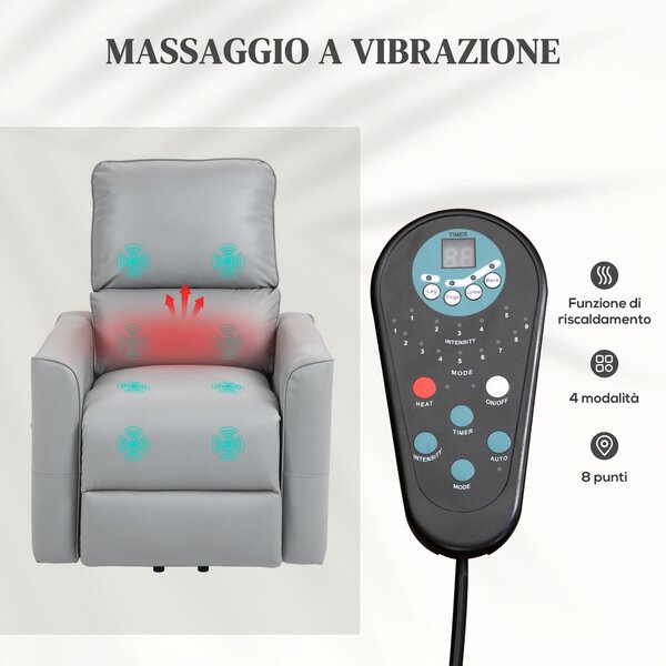 HOMCOM Poltrona Relax Elettrica Alzapersona Massaggiante Riscaldante Reclinabile con Poggiapiedi, in Tessuto Effetto Pelle, Grigio Chiaro|Aosom