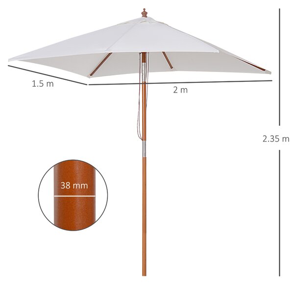 Outsunny Ombrellone da Giardino 2x1.5m Inclinabile con 6 Stecche, Apertura con Corda e Palo Centrale in Legno di Abete, Beige | Aosom