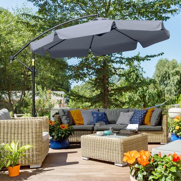 Outsunny Ombrellone Giardino a Braccio, Apertura Manovella, Inclinabile, Φ265x265cm, Protezione Solare, Grigio|Aosom
