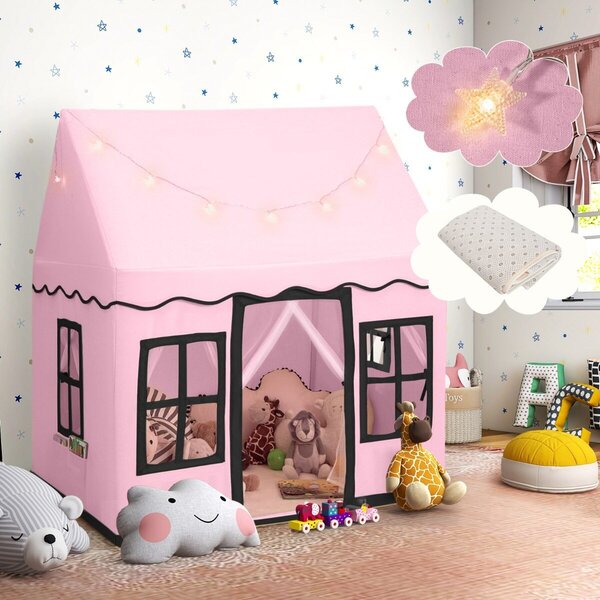 Costway Tenda da gioco per bambini e set con tavolo e 2 sedie per bambini, Casetta per interni ed esterni e set con tavolo e 2 sedie Rosa