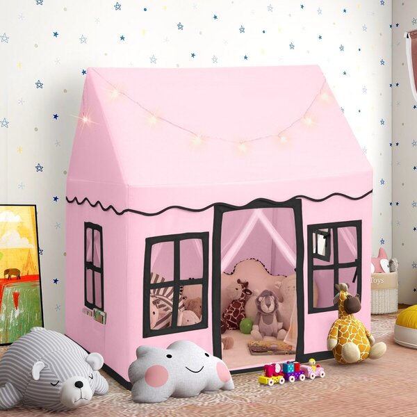 Costway Tenda da gioco per bambini e set con tavolo e 2 sedie per bambini, Casetta per interni ed esterni e set con tavolo e 2 sedie Rosa