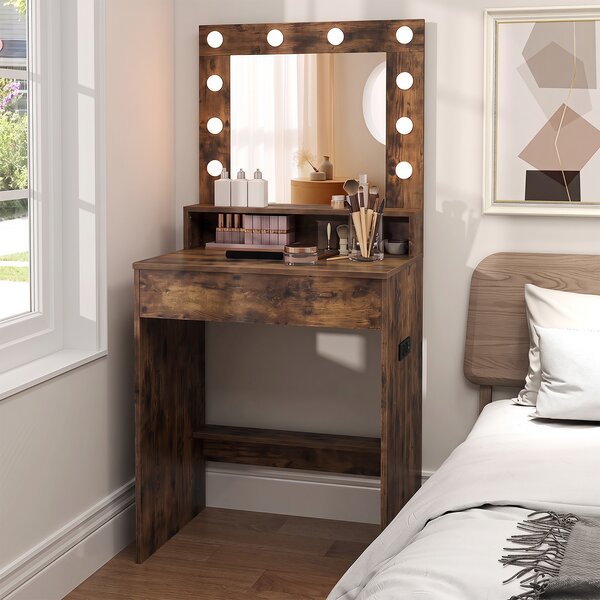 Costway Scrivania vanity con specchio e luci, Tavolo da trucco con 3 modalità di illuminazione e luminosità regolabile Marrone