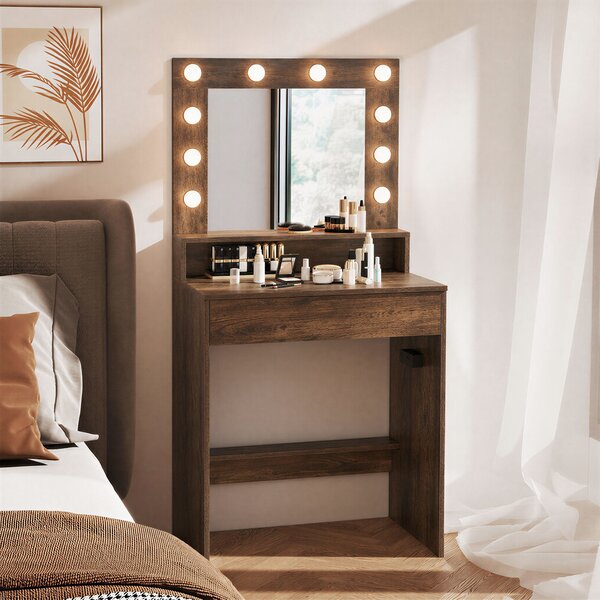 Costway Scrivania vanity con specchio e luci, Tavolo da trucco con 3 modalità di illuminazione e luminosità regolabile Marrone